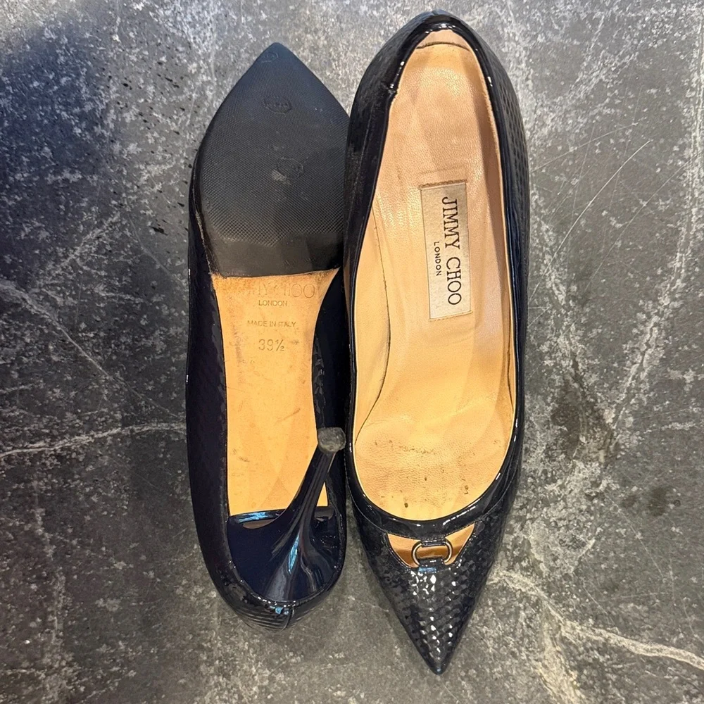 Jimmy Choo Navy Patent Pointed Toe Pumps with Signature Hardware